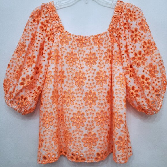 Lilly Pulitzer Kerrigan Elbow Sleeve Top Cantaloupe Funflower Eyelet Size Small - Picture 6 of 13